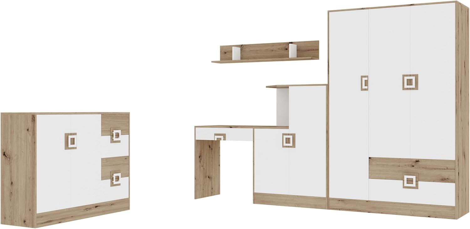 Ensemble chambre adolescent Mirjan24 Nicola VI 4 pieces armoire commode bureau etageres chene clair blanc chambre moderne-Roluxyhome