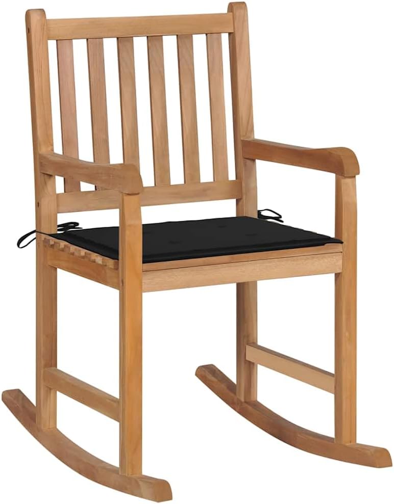 Fauteuil à bascule bois teck massif coussin noir design durable jardin balcon extérieur usage détente 58x92.5x106cm - fauteuil à bascule teck extérieur - usage jardin durable et confortable-Roluxyhome