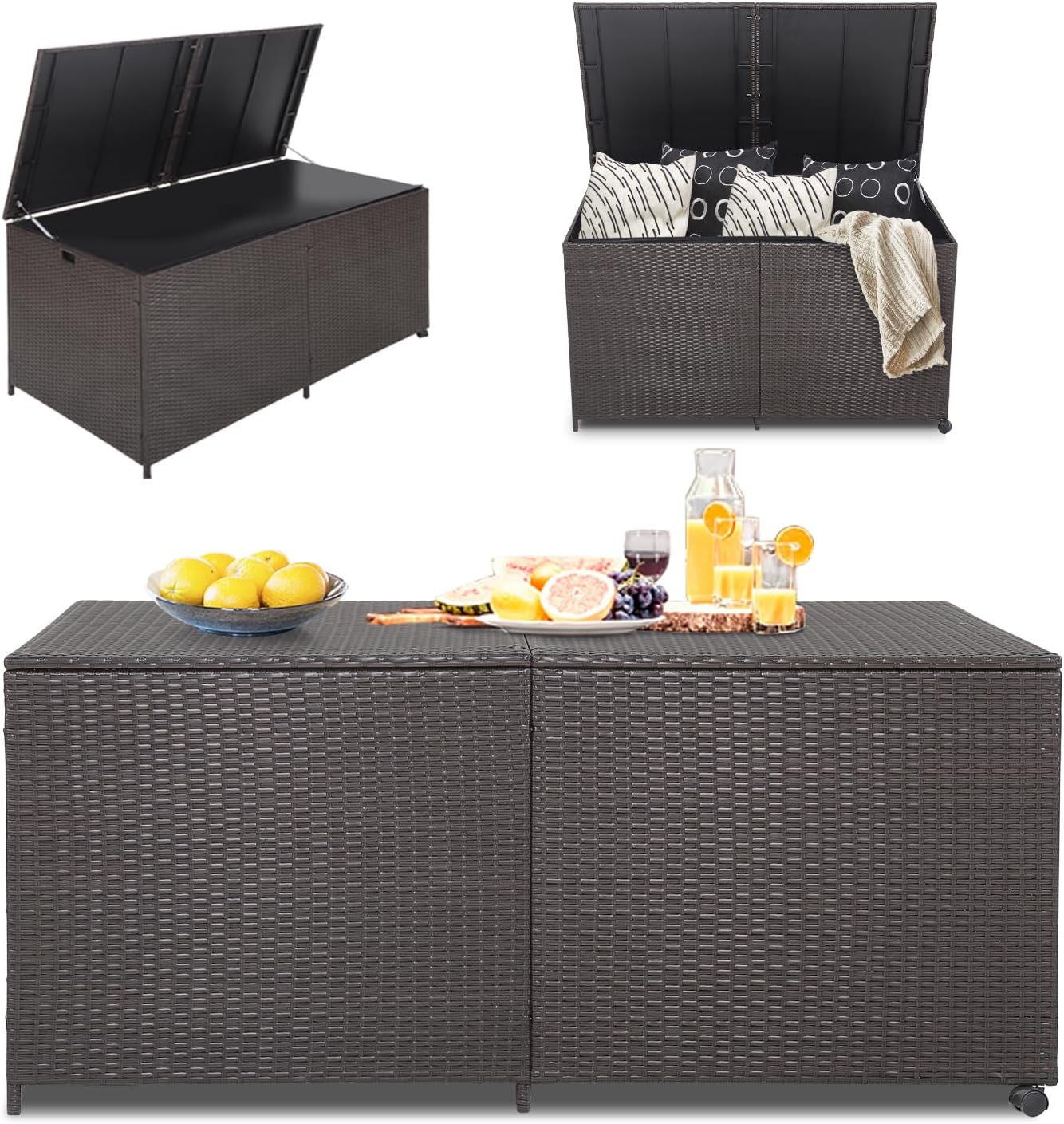 KOMFOTTEU coffre jardin marron - 150 x 77 x 72 cm capacité 662 litres - rotin PE doublure fermeture éclair 2 roues - coussins peluches extérieur-Roluxyhome