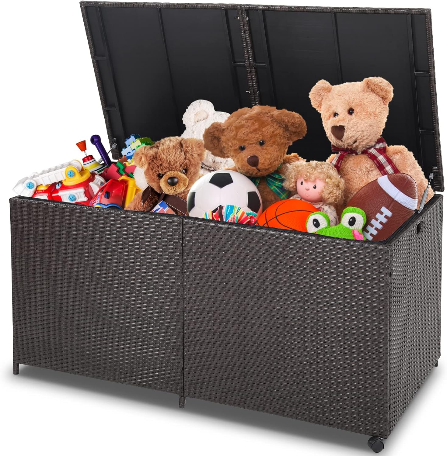 COSTWAY coffre de rangement exterieur 662L rotin PE impermeable avec doublure zippee et roues accessoires jardin terrasse marron-Roluxyhome