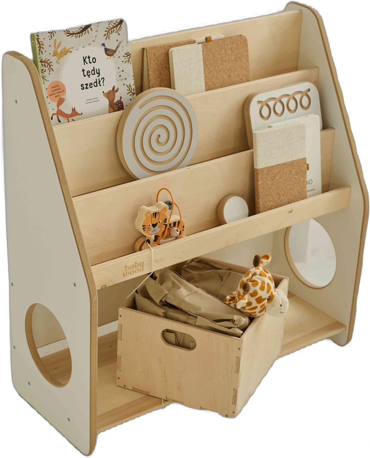 Babywood bibliothèque enfants bois - 77 x 32 x 80 cm montage au sol - étagère Montessori 2 caisses jouets - rangement chambre enfant-Roluxyhome
