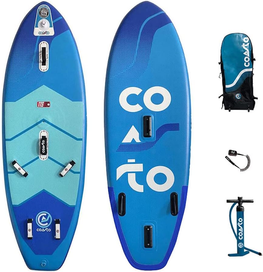 Coasto windsup mir planche à voile gonflable windsurf wingsup wingsurf PVC usage débutant sport nautique sac pompe leash accessoires bleu - planche windsup complète - usage apprentissage et polyvalence-Roluxyhome