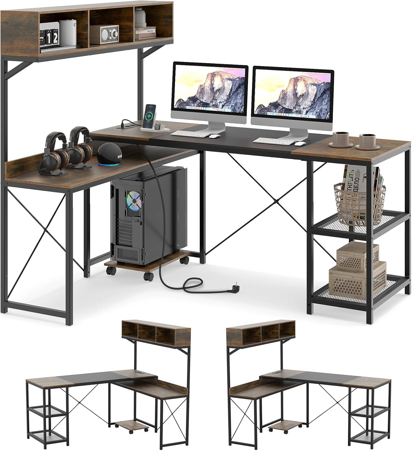 COSTWAY bureau ordinateur angle industriel - 158 x 123 x 142 cm forme L réversible - prises électriques USB étagère compartiments - support PC mobile-Roluxyhome