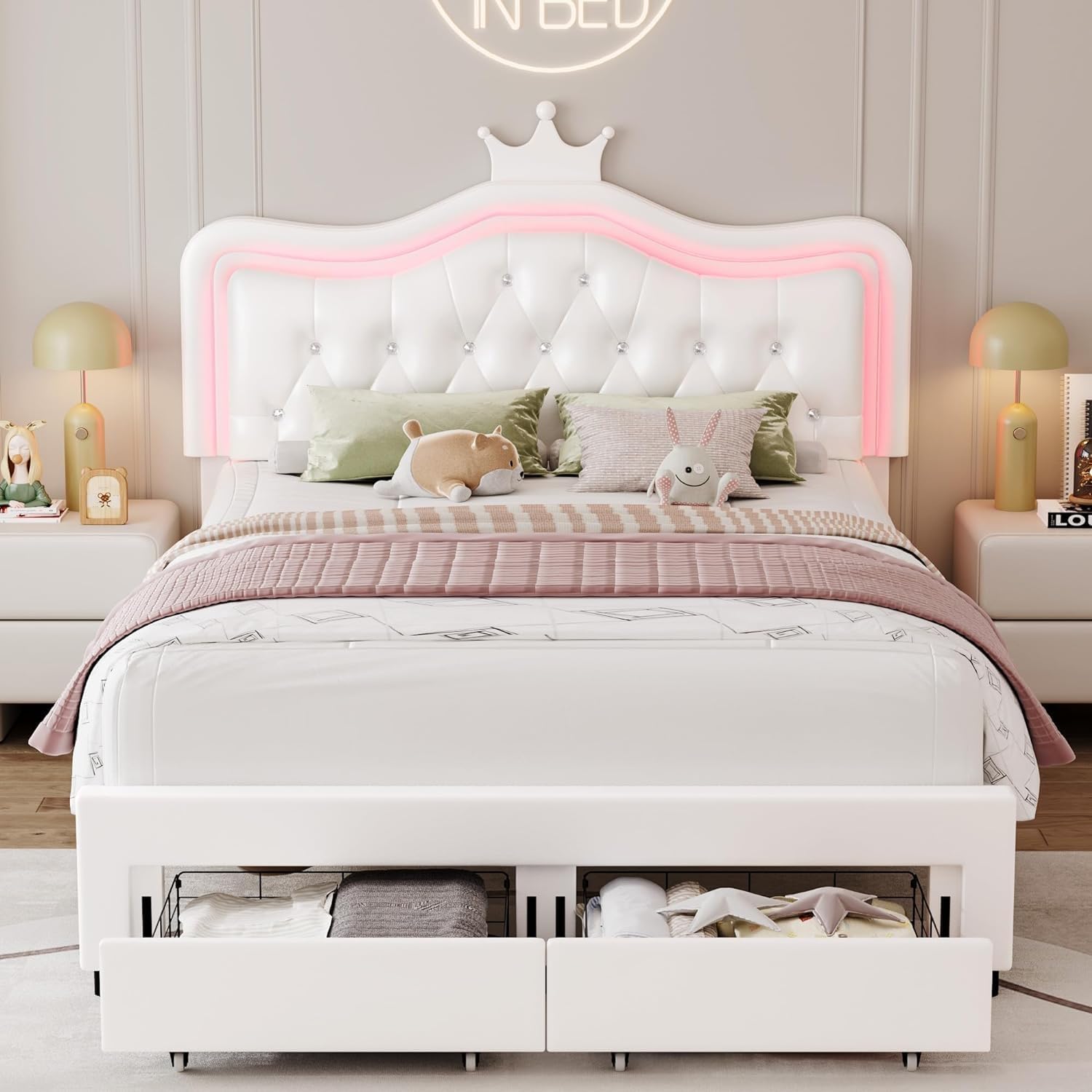 Lit enfant 2 places fille 140x200 cm avec LED lit couronne PU blanc avec tiroirs tete de lit reglable chambre enfant-Roluxyhome