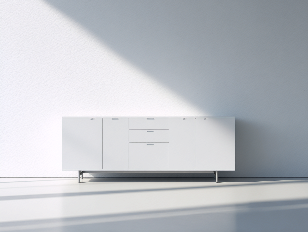 Meuble TV-Meuble TV-4 portes et 3 tiroirs-bois et métal-200x45x60 cm-blanc-style moderne-Roluxyhome