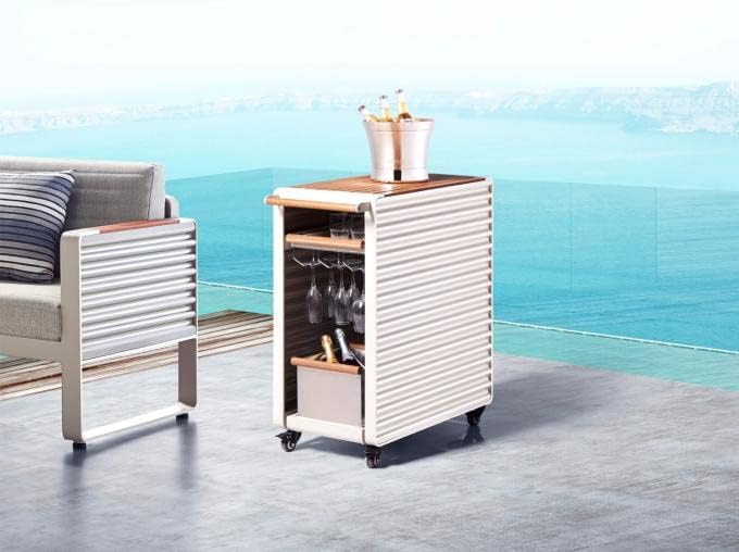 Airport desserte beige haut de gamme - aluminium et teck petit format - plateau bois de teck charge 20 kg - meuble service moderne terrasse jardin-Roluxyhome