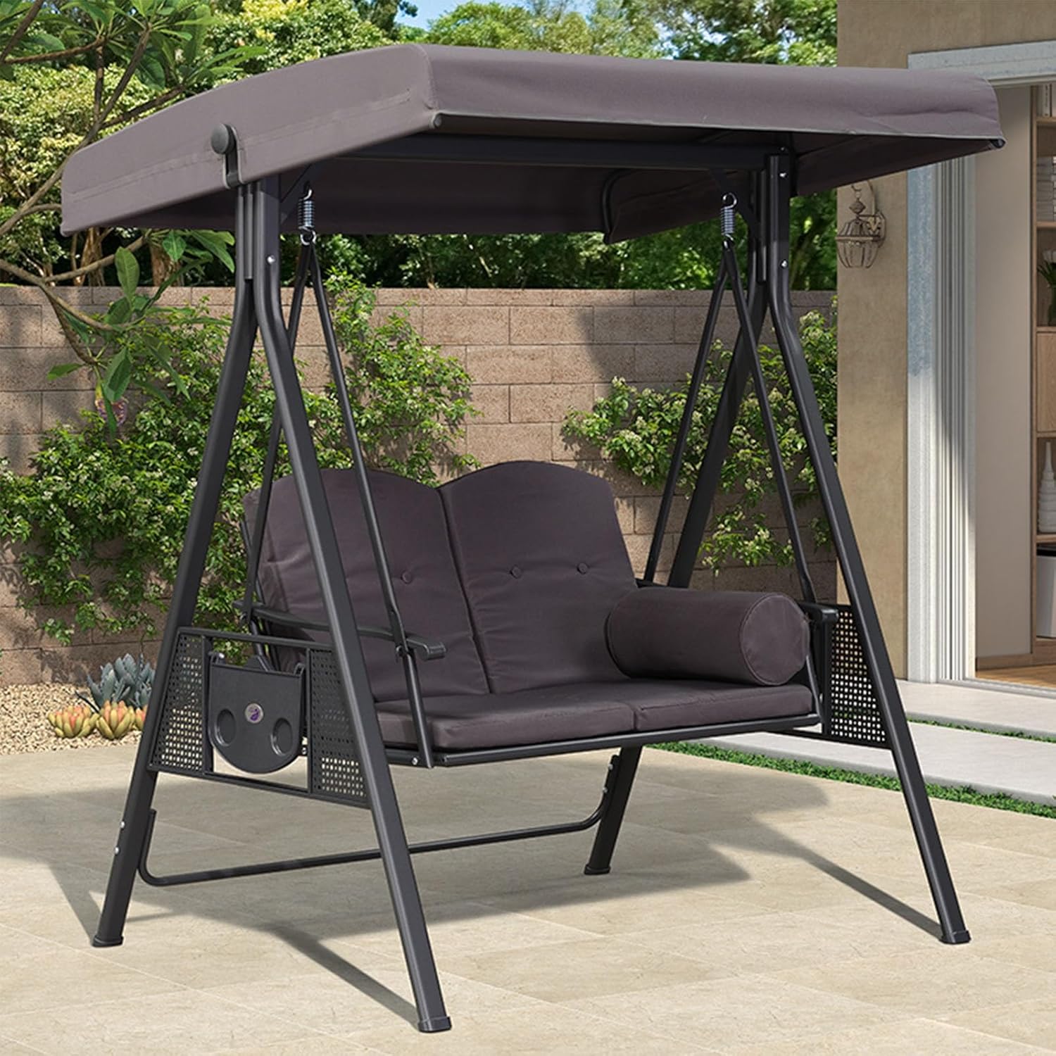 Balancelle extérieure 2 places acier allié fauteuil suspendu patio auvent réglable plateau rangement usage jardin terrasse gris - balancelle jardin 2 places structure A - usage détente extérieur-Roluxyhome