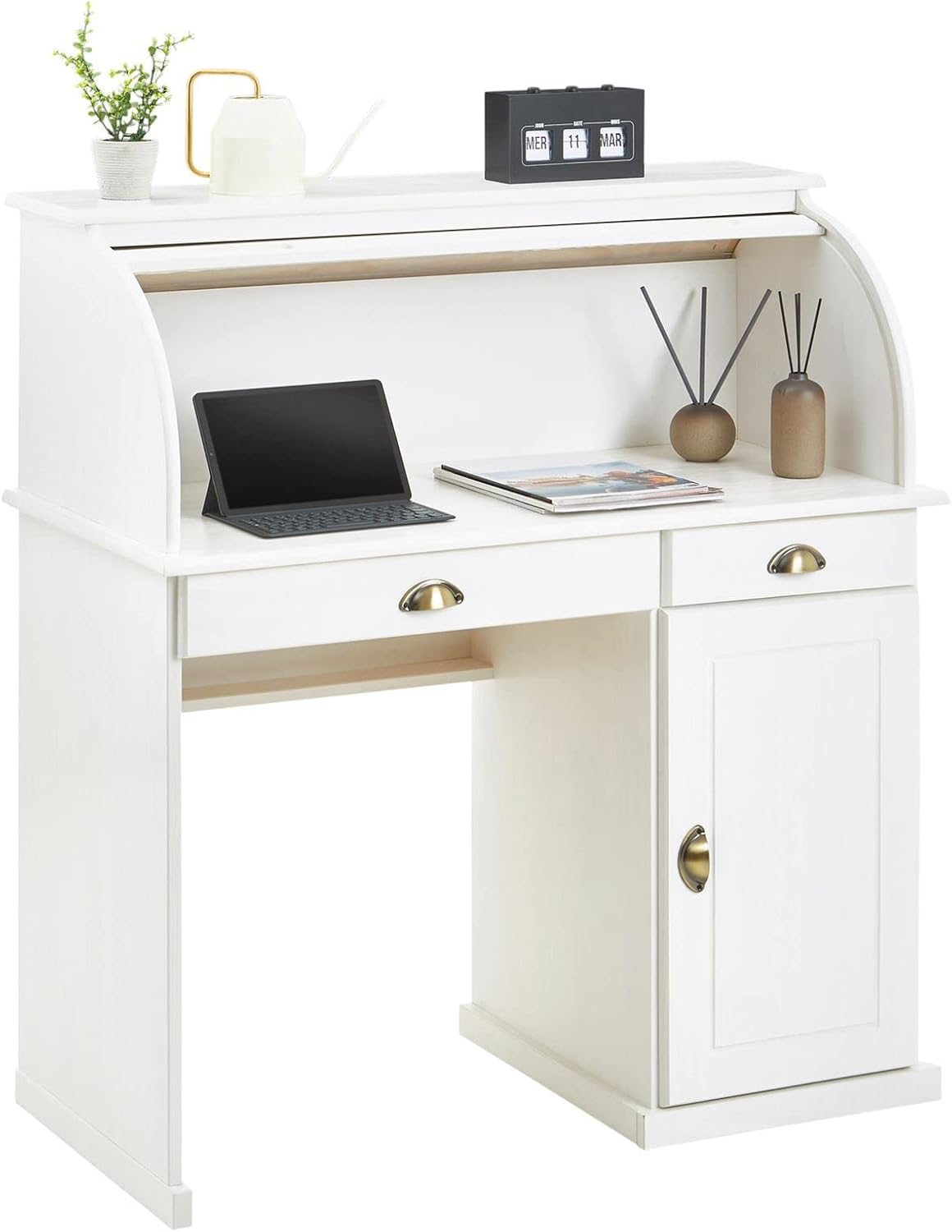 Bureau secretaire IDIMEX Tom pin massif blanc 2 tiroirs 1 porte avec etagere bureau compact style campagne-Roluxyhome