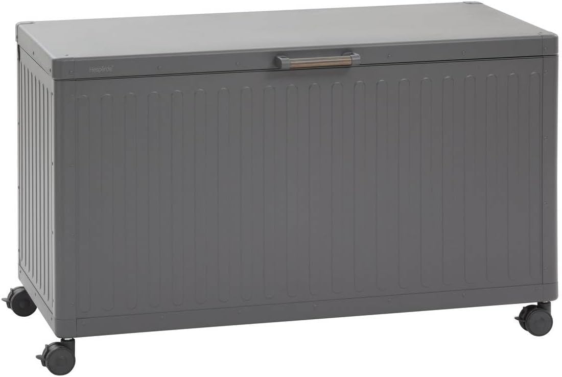 Hespéride Edenio S coffre rangement graphite - 130 x 60,4 x 78 cm aluminium imperméable - roues poignées effet bois - accessoires jardin ouverture charnière-Roluxyhome