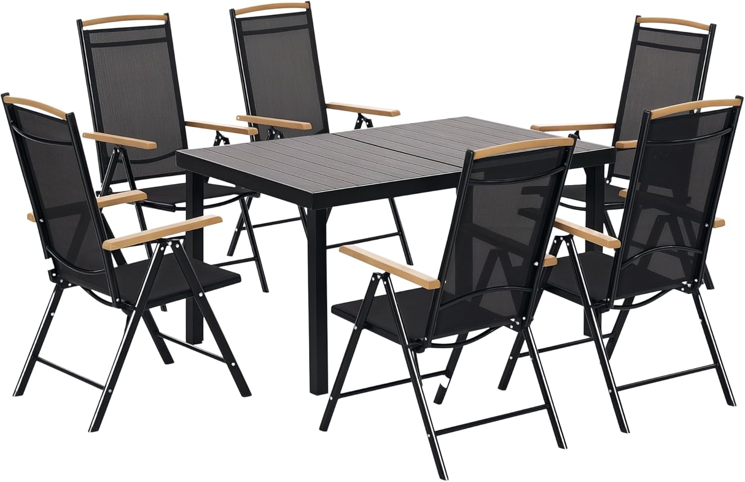 Outsunny salon de jardin exterieur 6 personnes table 140 cm aluminium chaises pliables inclinables mobilier terrasse patio noir-Roluxyhome