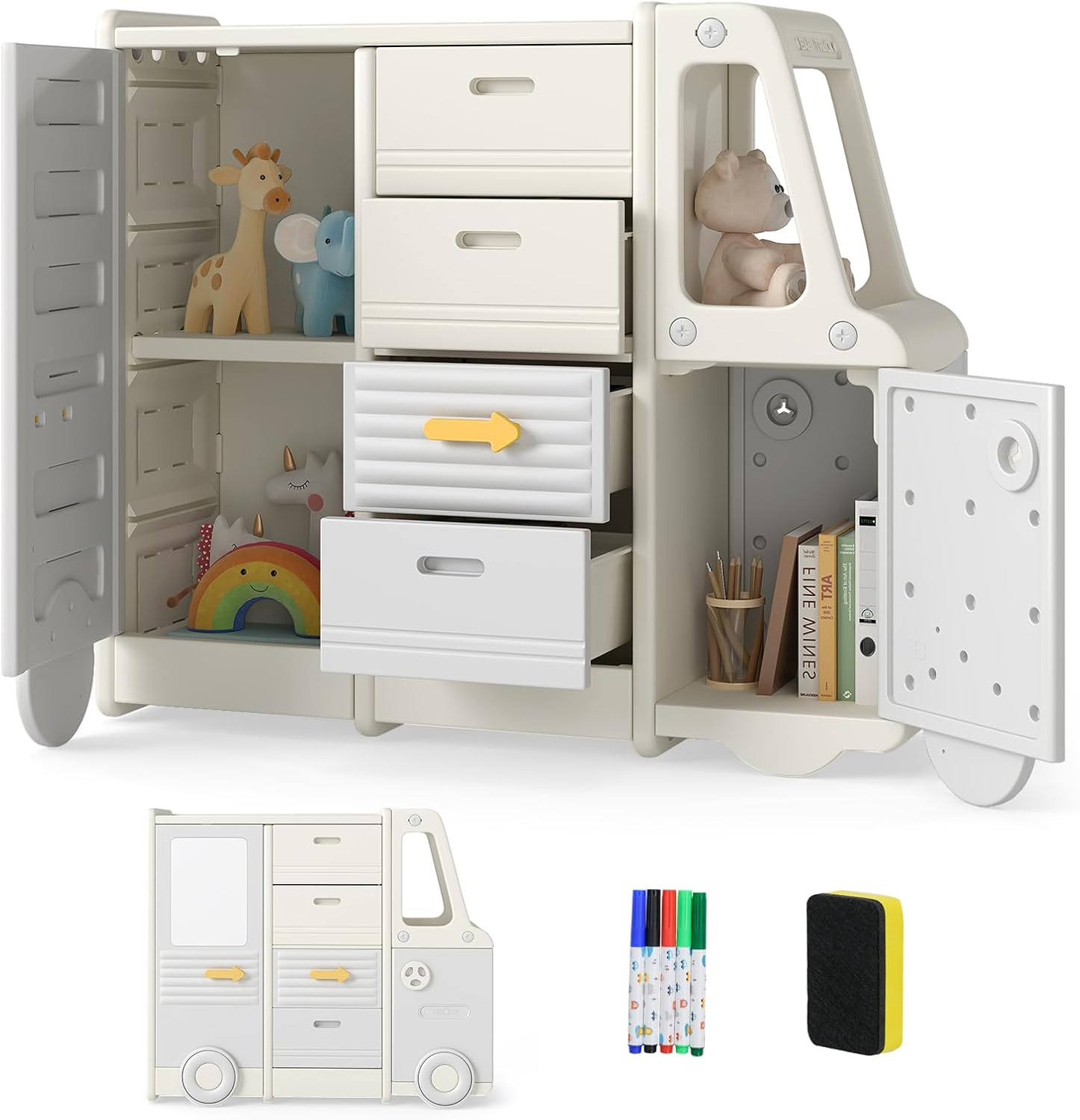 COSTWAY meuble de rangement jouet enfant forme bus 4 tiroirs 3 placards tableau blanc HDPE chambre salle de jeux-Roluxyhome