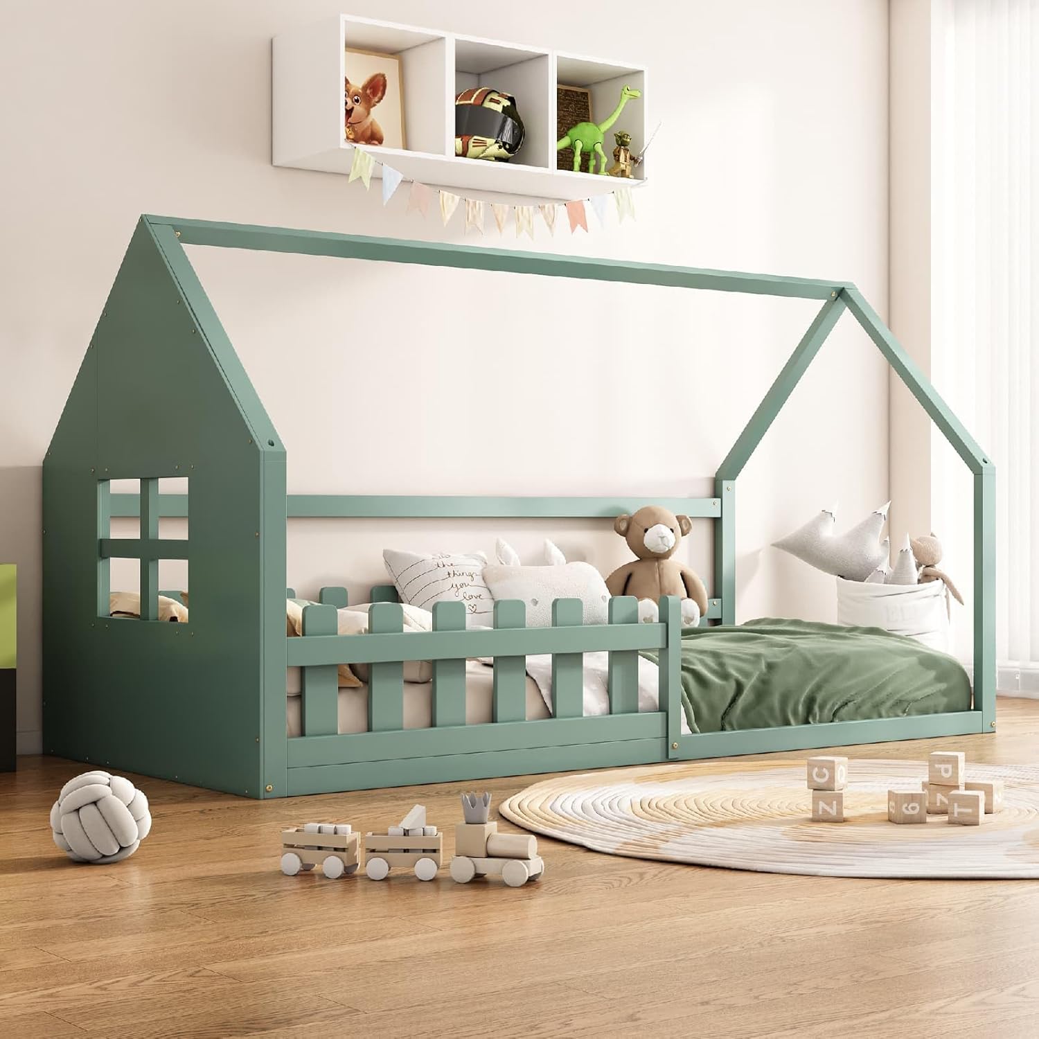 PUGSDRLY lit cabane enfant 90x200 cm avec barriere cadre bois ingenierie pin vert lit au sol moderne sans matelas-Roluxyhome