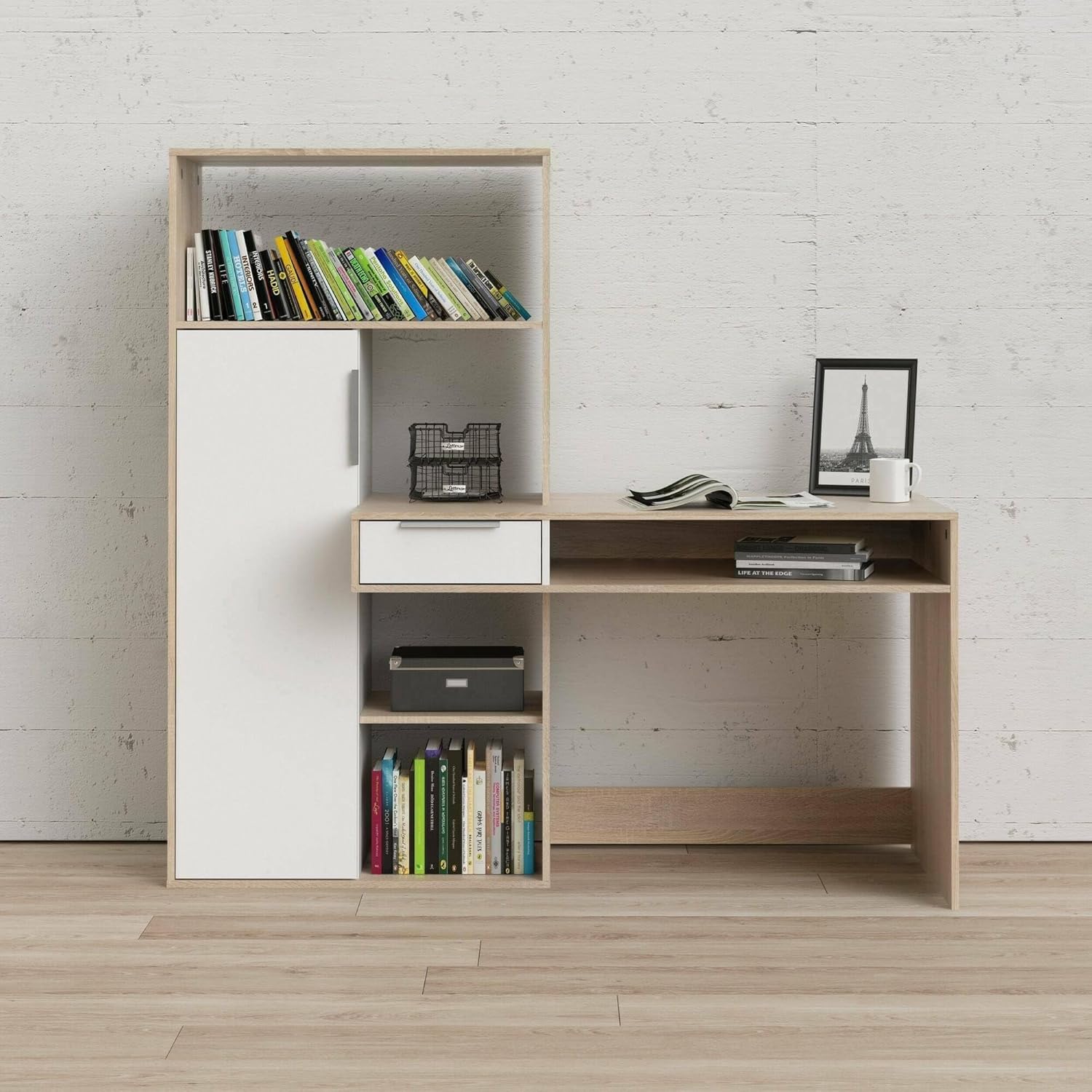 Bureau multifonction Dmora avec bibliotheque tiroir et porte blanc chene 162x155x60 bureau ordinateur scandinave-Roluxyhome