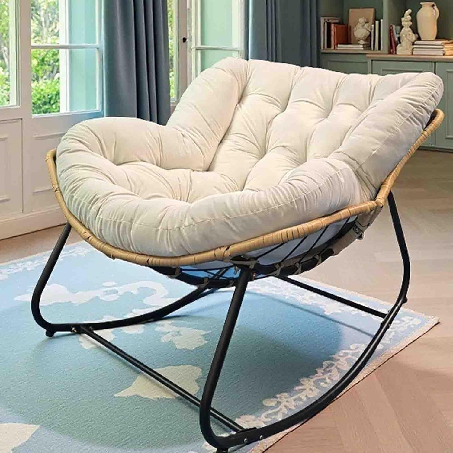 KAHDBOY Fauteuil a Bascule Patio Coussin Egg Rotin Metal Interieur Exterieur Lounge Moderne Jardin-Roluxyhome
