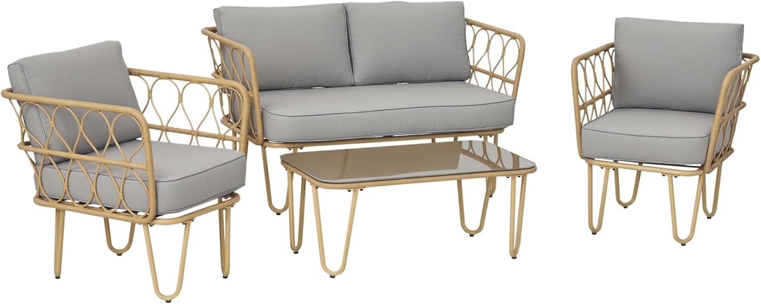 Outsunny ensemble salon de jardin 4 pieces canape 2 places 2 fauteuils table basse verre trempe coussins mobilier exterieur metal et resine tresse grise-Roluxyhome