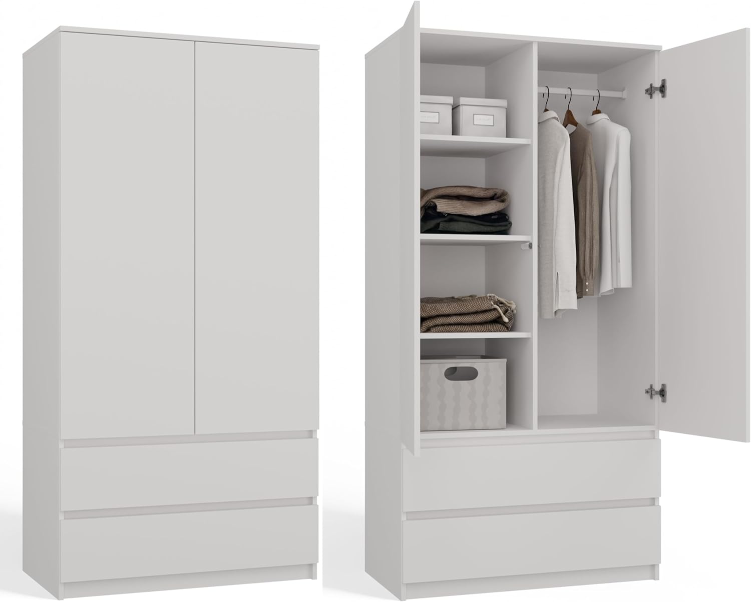 CDF armoire chambre blanche - 90 x 50 x 180 cm panneau particules laminé PVC - 2 portes 2 tiroirs 3 étagères penderie - rangement vêtements polyvalent-Roluxyhome