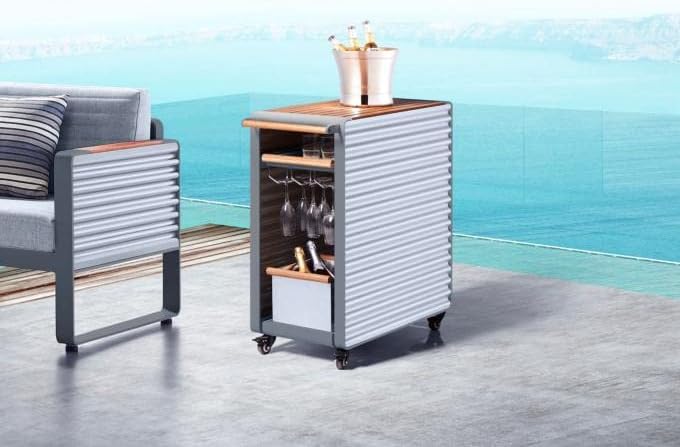 Airport desserte gris anthracite haut de gamme - aluminium et teck petit format - plateau bois de teck - meuble service moderne terrasse jardin-Roluxyhome