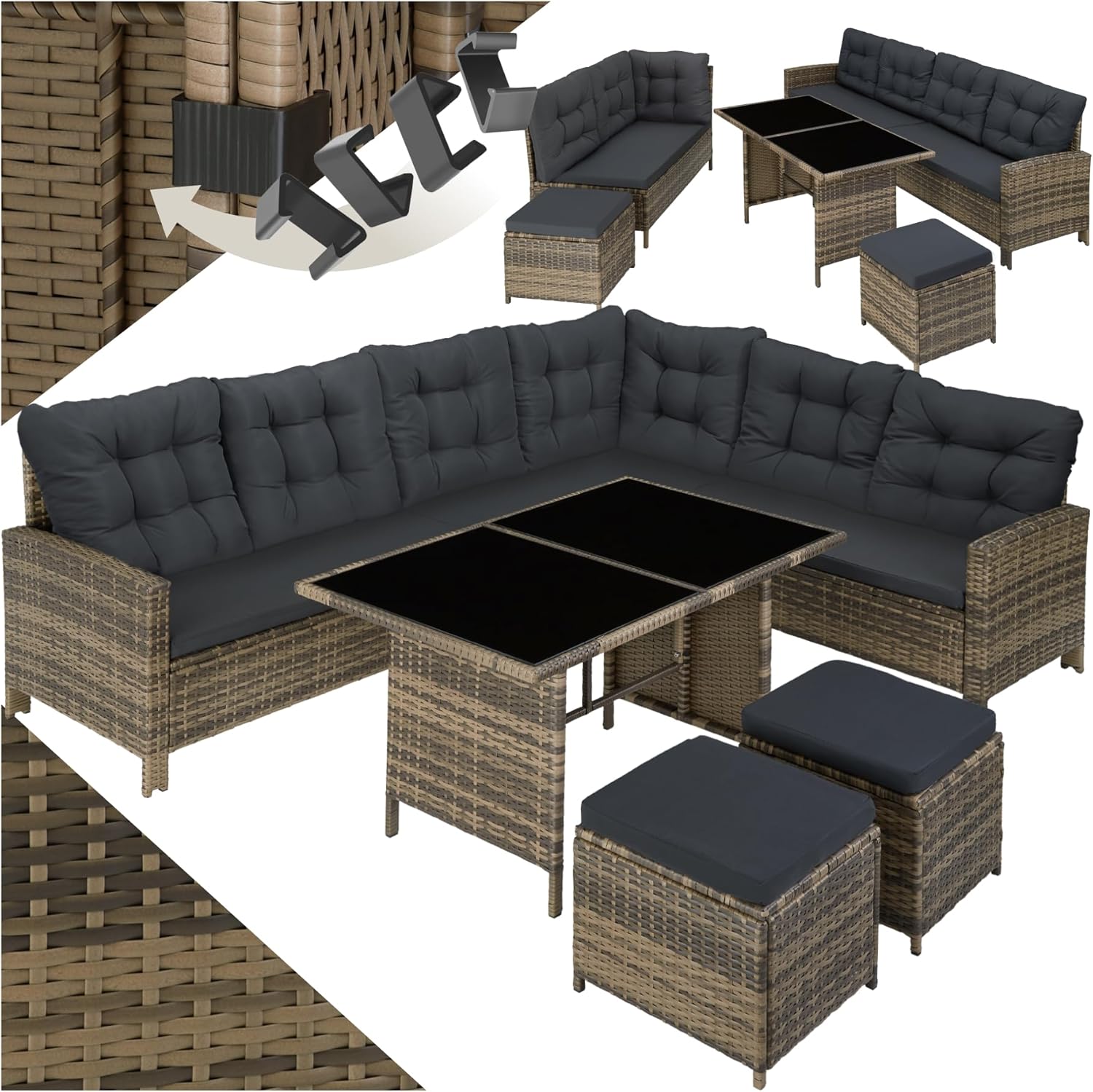TecTake salon de jardin en rotin modulable angle canape table tabourets poufs mobilier exterieur marron naturel-Roluxyhome