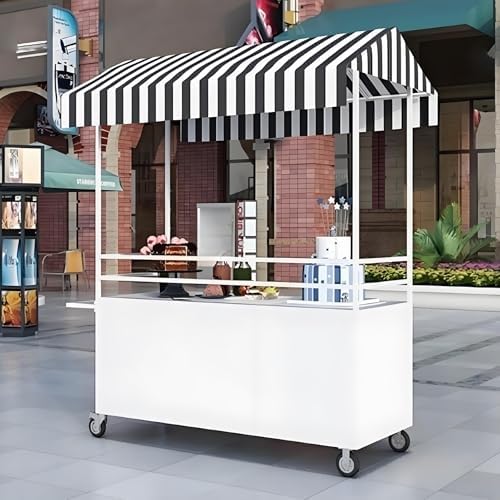 Kiosque de vente avec auvent chariot marchand stand dessert evenementiel roues verrouillables blanc-Roluxyhome