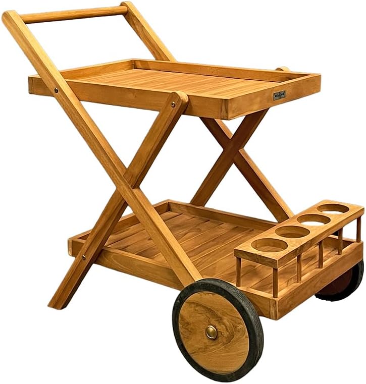 Meubletmoi desserte jardin chariot teck massif huile 2 plateaux porte bouteilles 85x54x80 cm-Roluxyhome