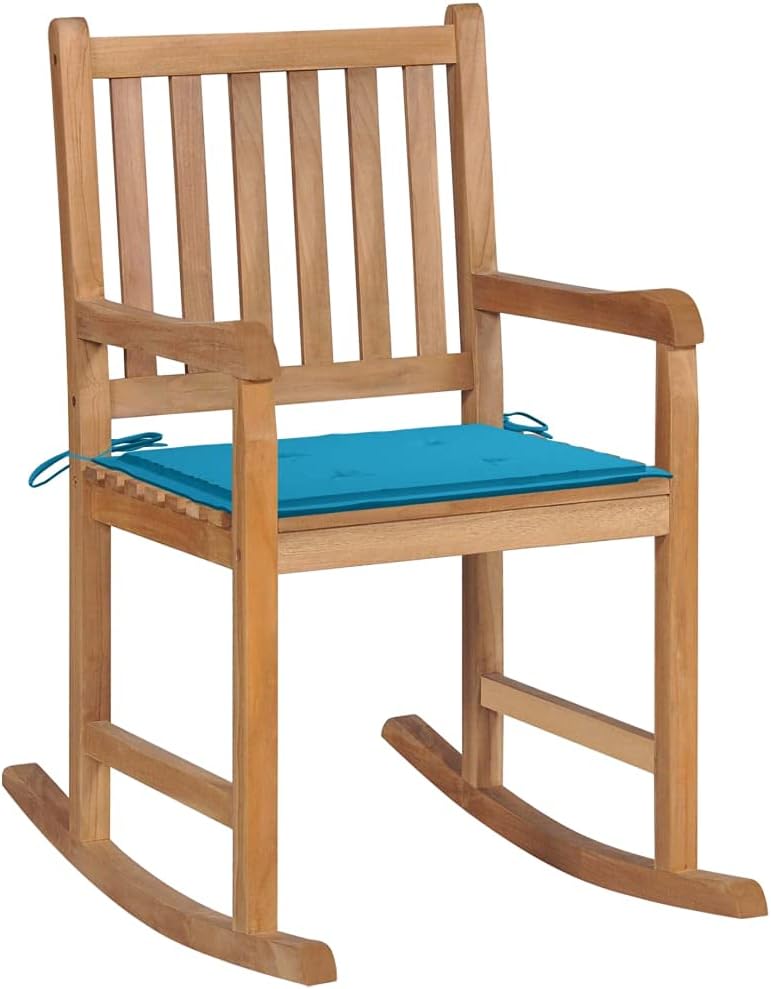 Makastle Fauteuil a Bascule Bois Teck Massif Interieur Exterieur Jardin avec Coussin Bleu-Roluxyhome