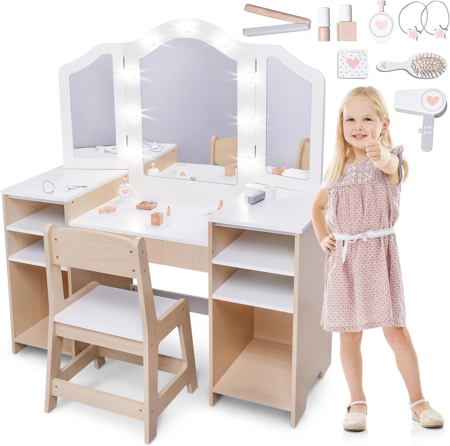 Mamabrum coiffeuse enfant bois avec chaise LED miroir tabouret meuble jeu creatif maquillage dessin rangement-Roluxyhome