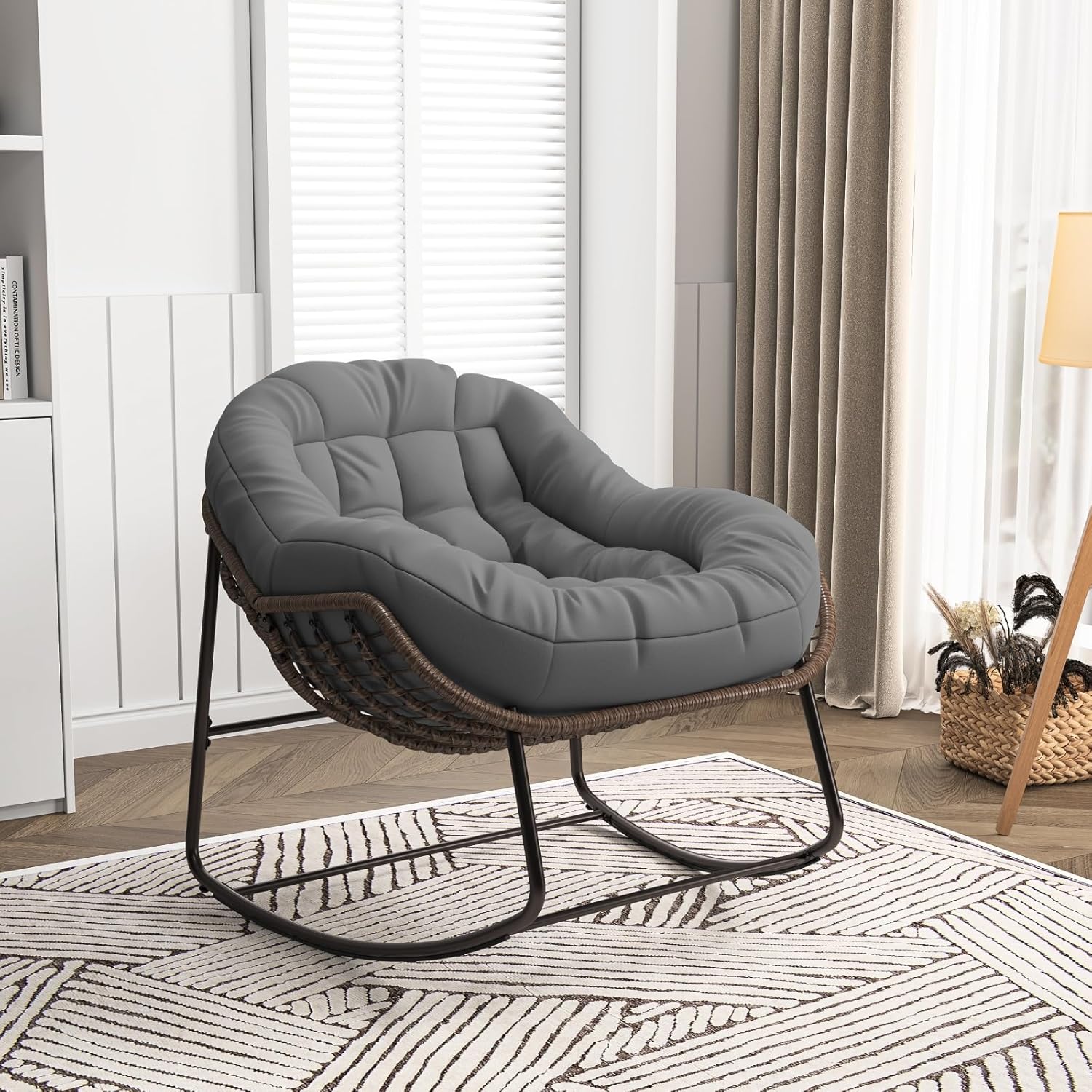 belupai Fauteuil a Bascule Osier Rotin Egg Jardin Interieur Exterieur Cadre Metal Coussin 90x105x80cm-Roluxyhome