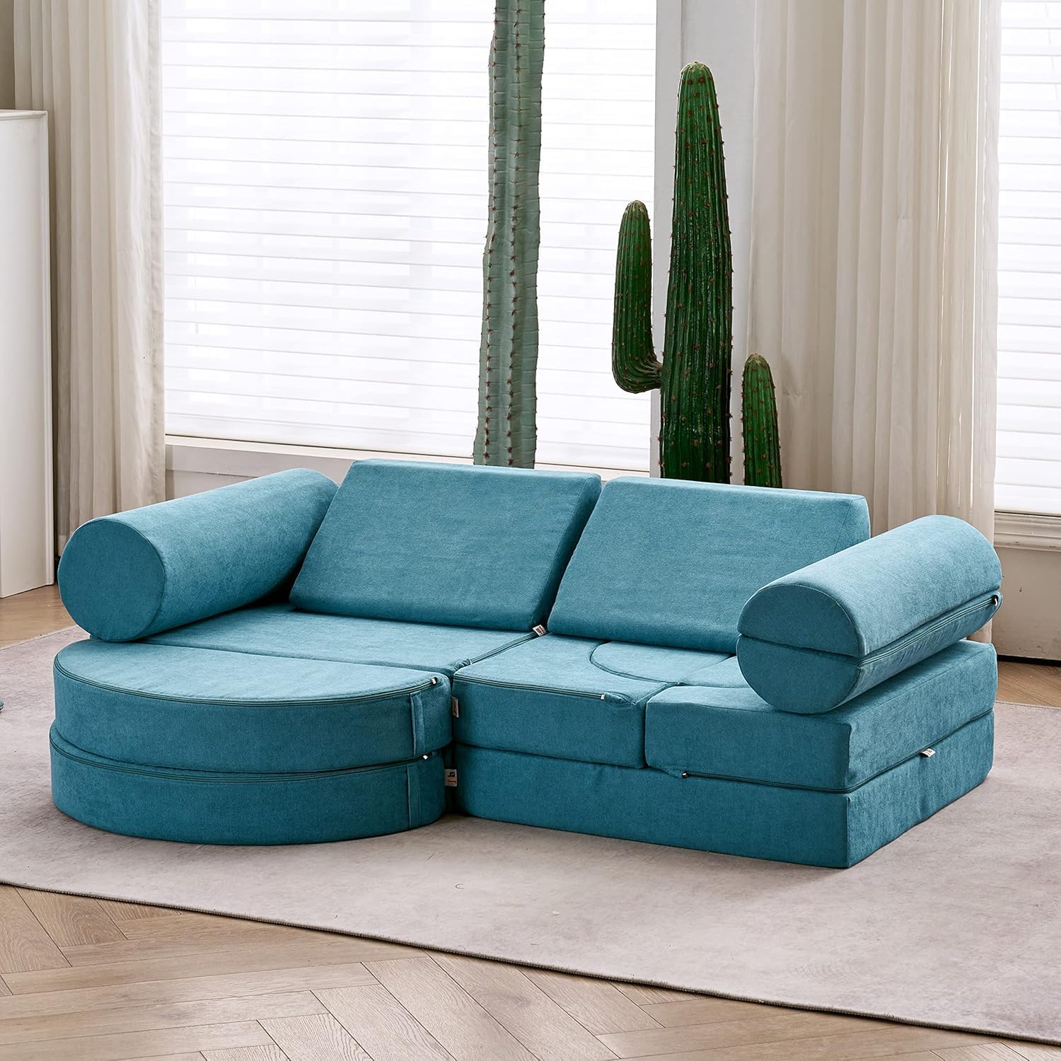 Canape enfant modulable 14 pieces en mousse coin jeu chambre enfant bleu sarcelle microfibre sans accoudoirs-Roluxyhome