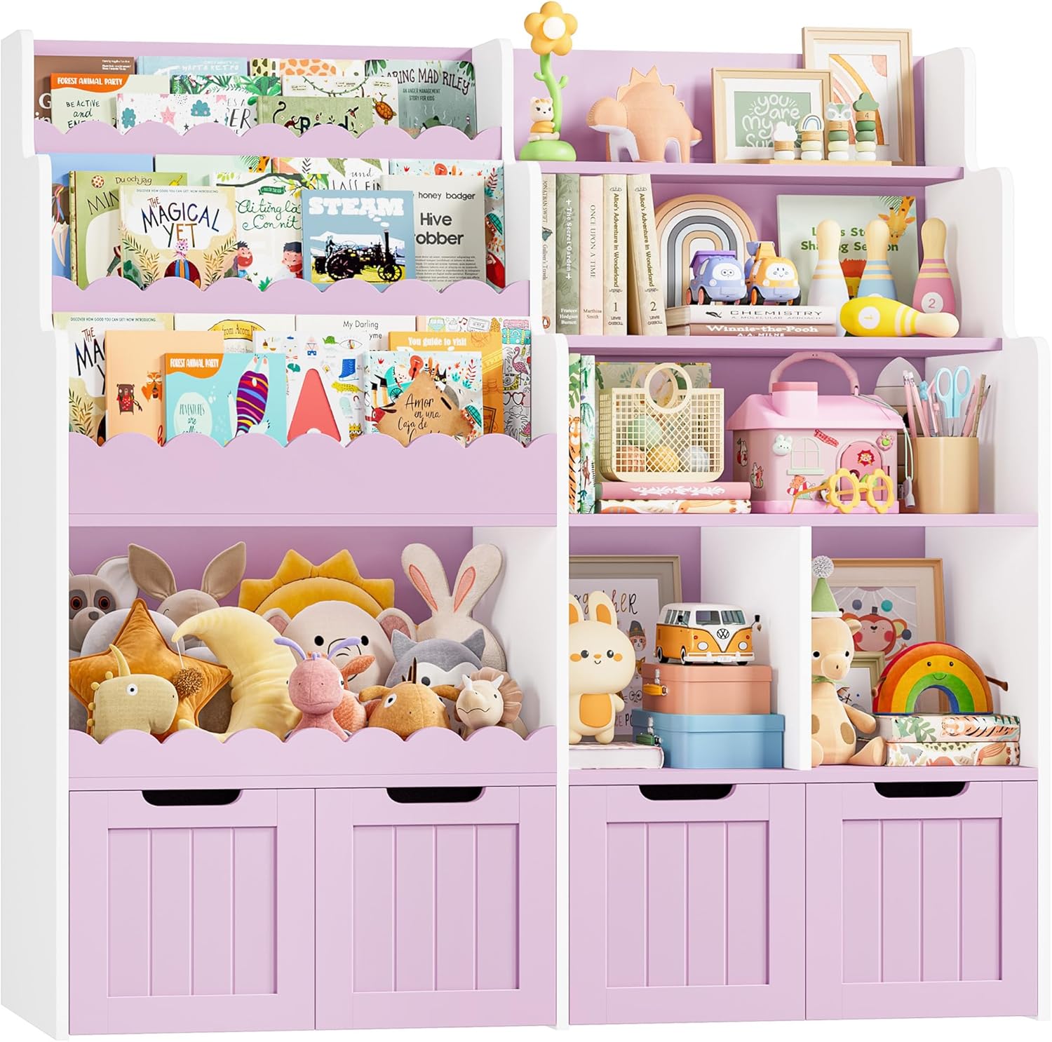 FOREHILL meuble rangement enfant bibliotheque 125x40x120 cm couleur lavande 9 etageres 4 boites amovibles organisation chambre enfant-Roluxyhome