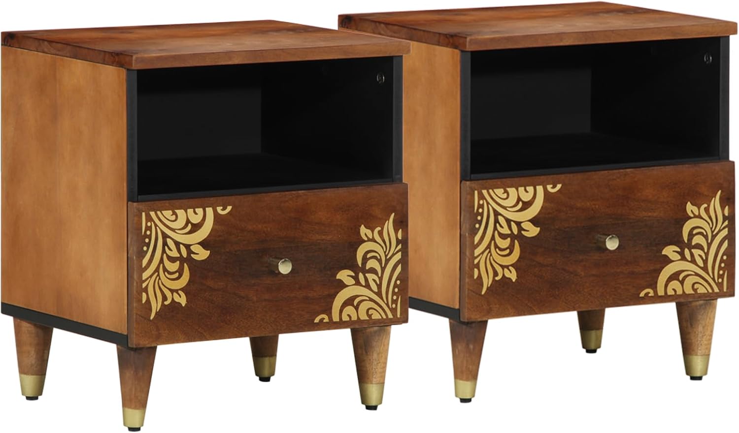 Ensemble tables de chevet ZQQLVOO bois de manguier 2 tiroirs motif floral marqueterie marron miel chambre elegante-Roluxyhome