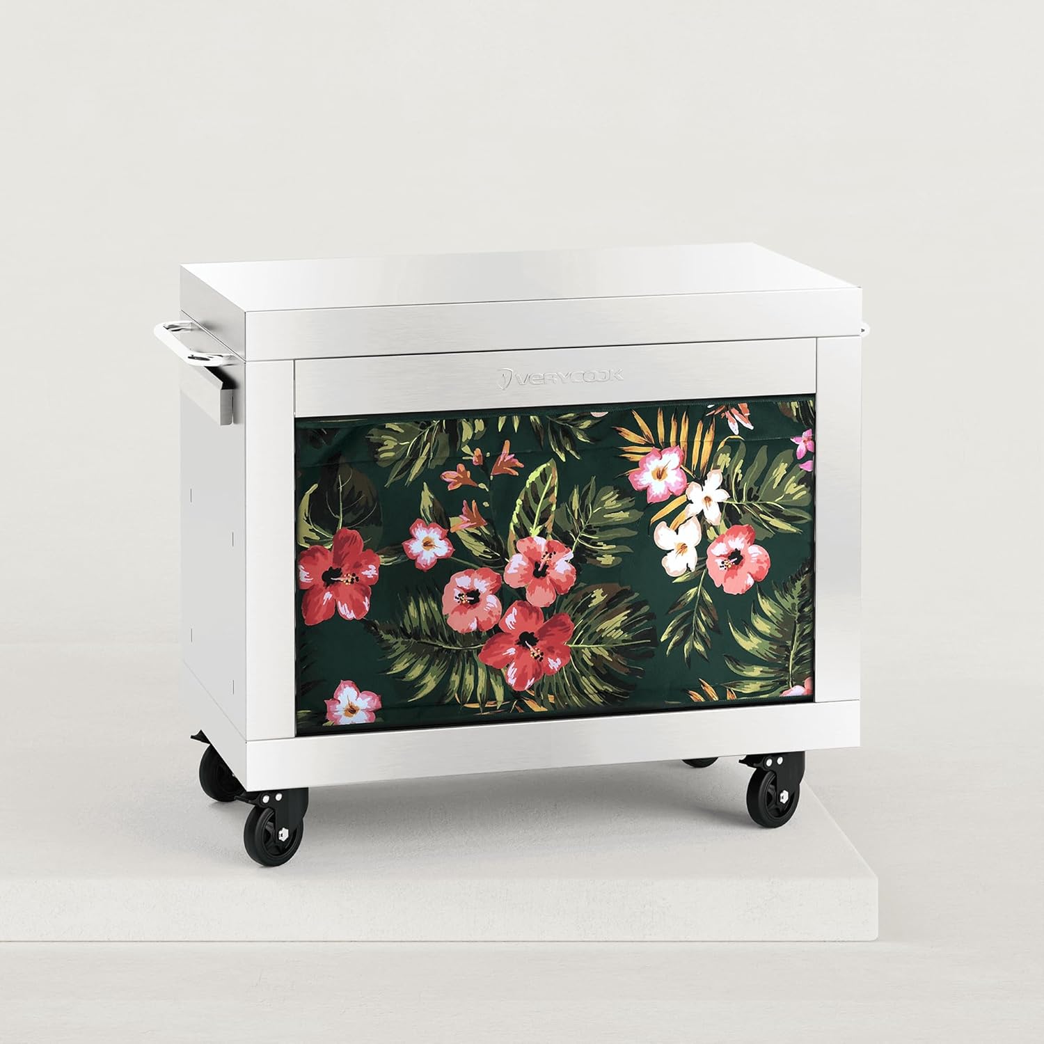 Verytable desserte XL inox vert et fleurs - plan de travail 90 x 50 cm avec tiroir - acier allié cadre inox - poignées inox tissu aimanté-Roluxyhome