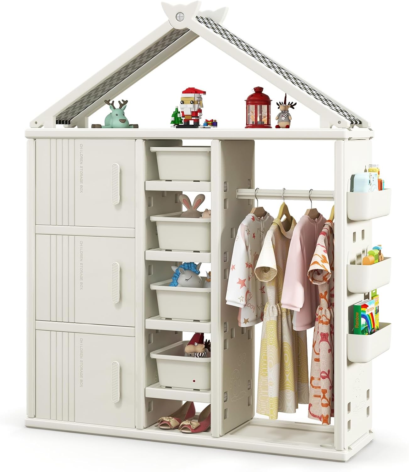 COSTWAY armoire enfant HDPE avec tringle suspension 5 etageres 3 cubes grande capacite organisateur vetements enfant 123x34x156 cm-Roluxyhome
