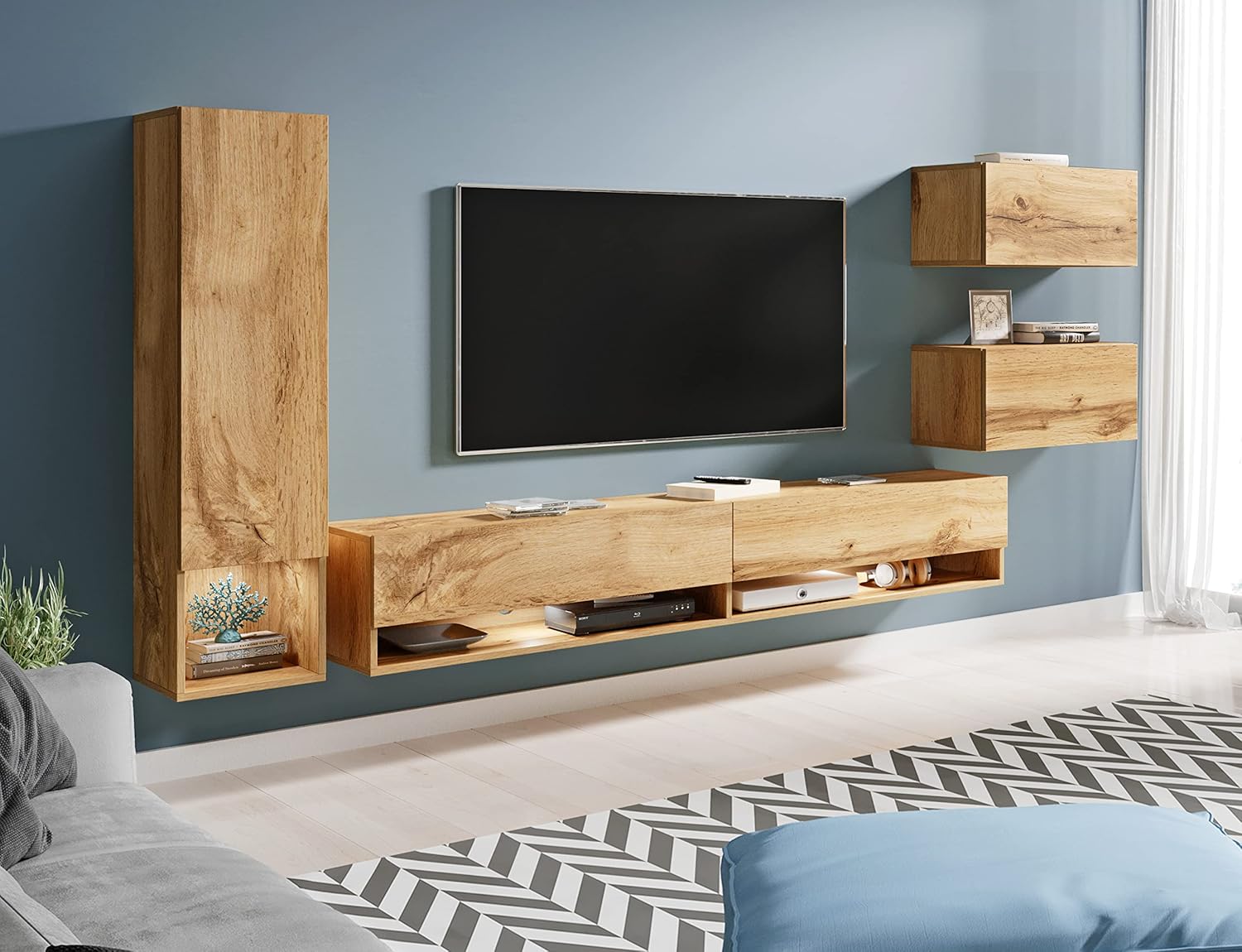 Ensemble meubles salon Amadeo suspendu mobilier mural Wotan eclairage LED optionnel design moderne-Roluxyhome
