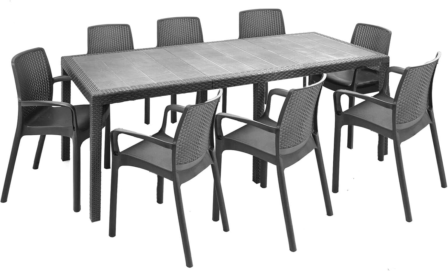Dmora Manarola salon extérieur noir - table rectangulaire extensible 220 x 90 x 72 cm - 8 chaises avec accoudoirs - fabriqué en Italie style moderne-Roluxyhome