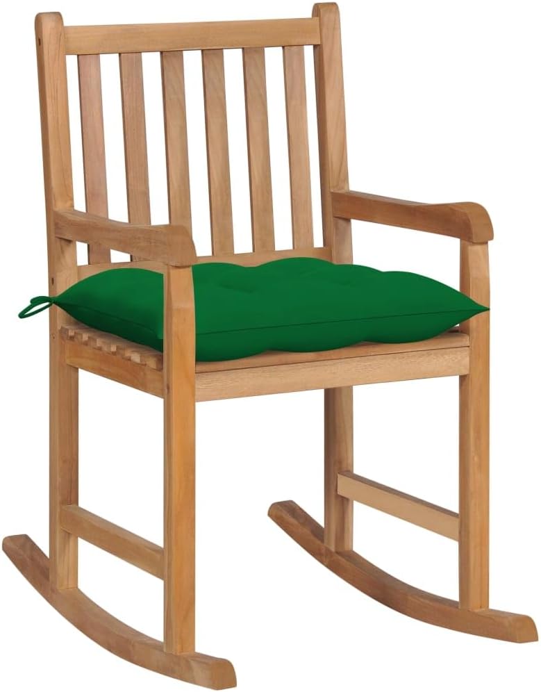 Makastle Fauteuil à Bascule Rocking Chair Bois de Teck Massif Coussin Vert Chaise Berçante Intérieur Extérieur Terrasse Jardin Balcon Design Moderne Confort Relaxation - Fauteuil à Bascule Makastle Bois de Teck Massif avec Coussin Vert-Roluxyhome