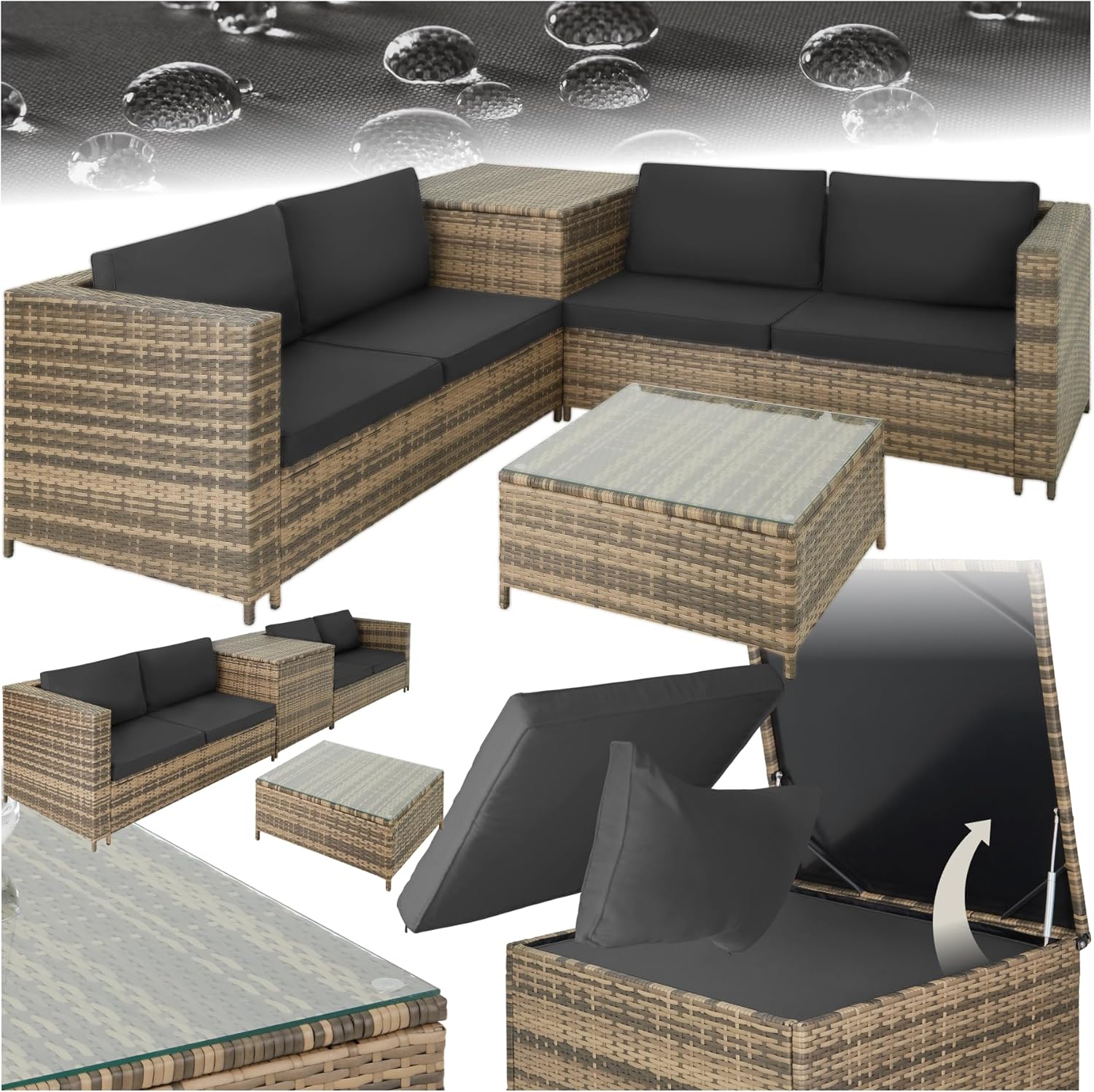 TecTake salon de jardin exterieur en poly rotin 4 personnes modulable avec canapes rangement et table verre mobilier balcon terrasse-Roluxyhome