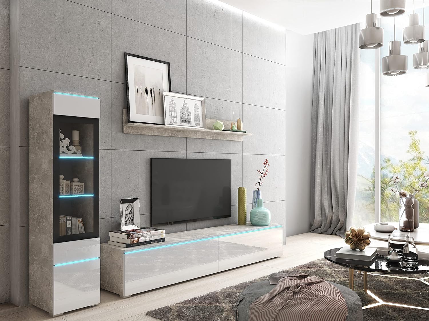 Ensemble meubles salon PIASKI Vera I mobilier salon moderne beton blanc brillant sans LED VRB0001-Roluxyhome