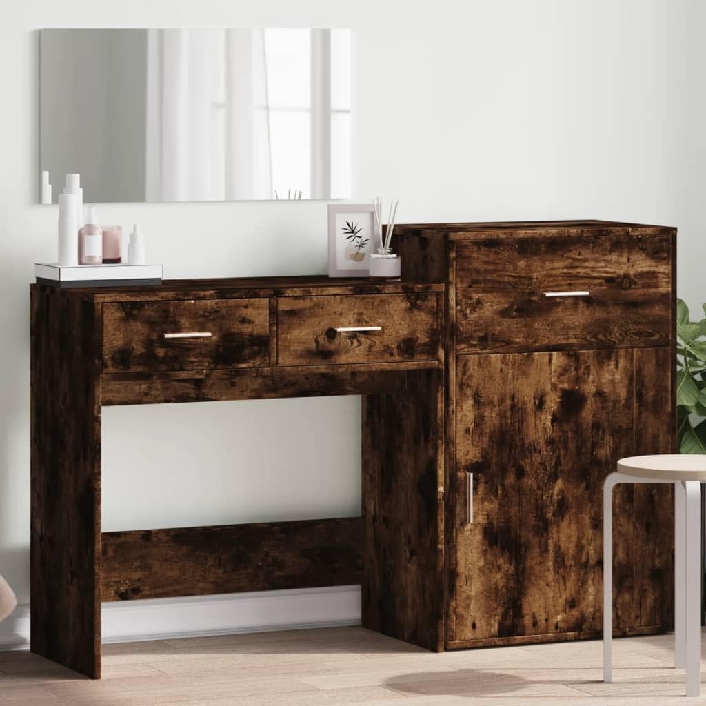 Ensemble meubles chambre AJJHUUKI coiffeuse 3 pieces chene fume mobilier interieur design chambre adulte-Roluxyhome