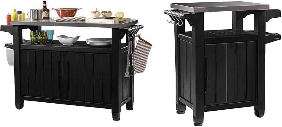Keter desserte barbecue Unity XL 207L et mini desserte Unity 105L chariot exterieur gris inox polypropylene-Roluxyhome