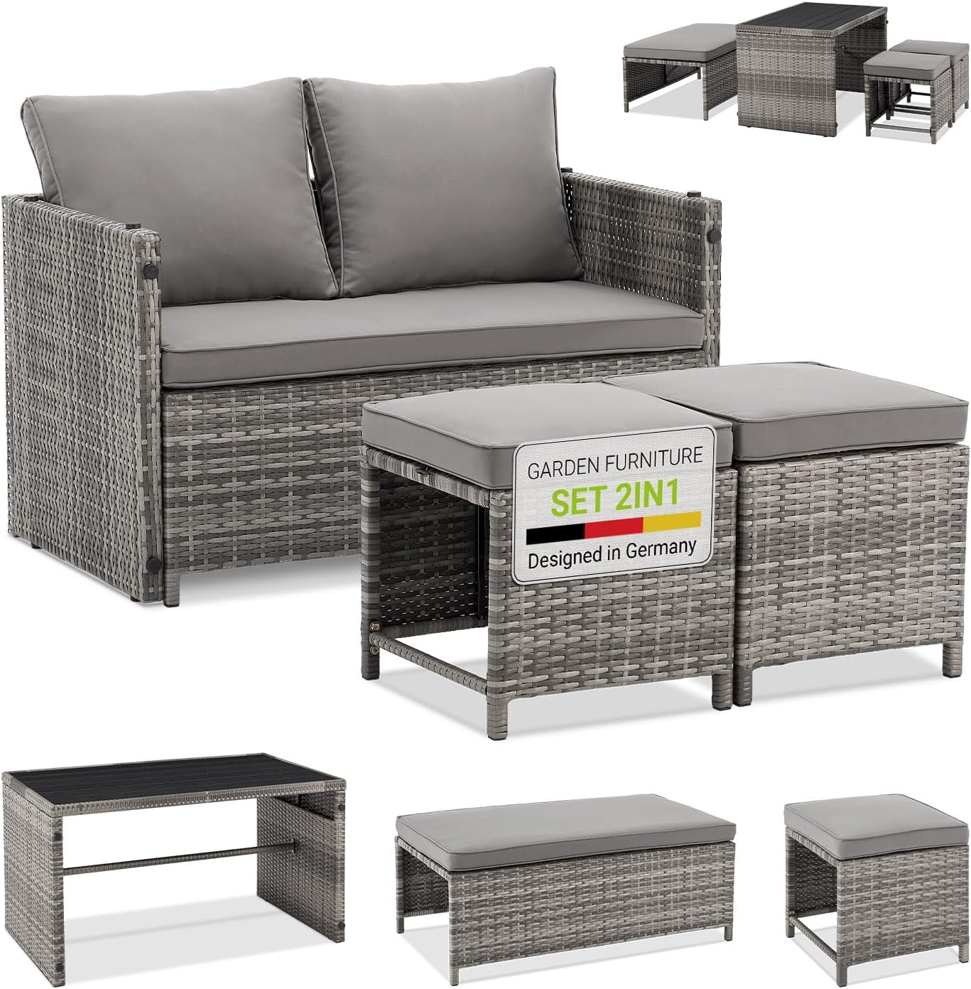 Juskys ensemble mobilier de jardin 2 en 1 polyrotin Jamaika table canapé lounge balcon exterieur 4 pieces-Roluxyhome