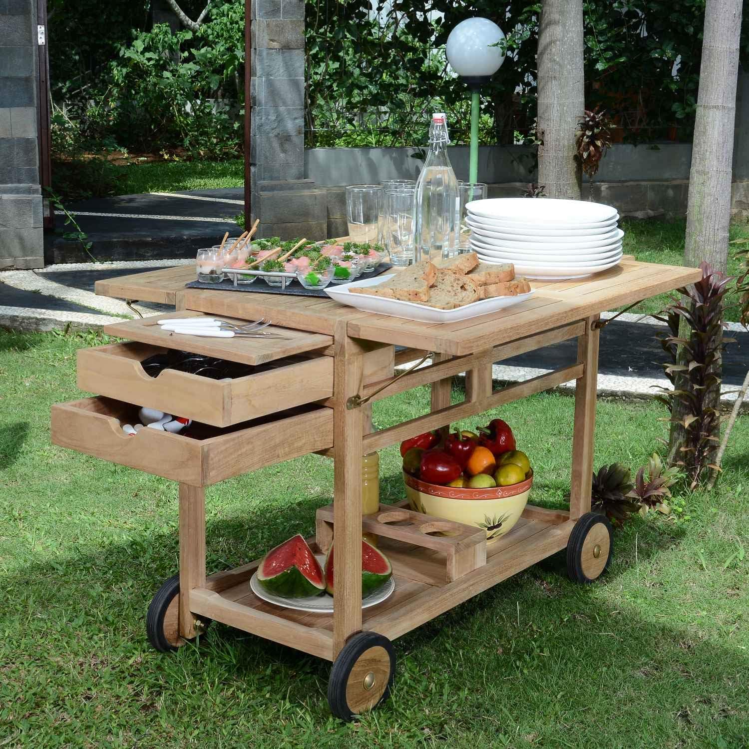 Teck Attitude desserte roulante teck massif chariot jardin exterieur 93x66x83 cm-Roluxyhome