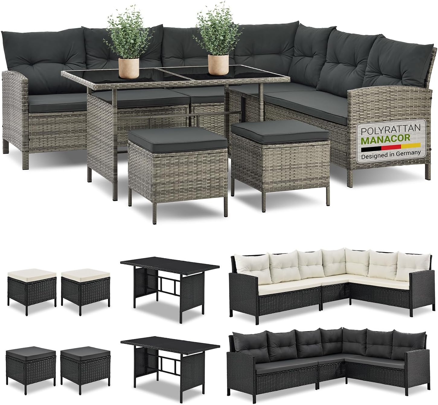 Juskys Manacor salon de jardin lounge gris chiné - 6 à 7 personnes en polyrotin - canapé table 2 tabourets coussins - housses grises style moderne-Roluxyhome