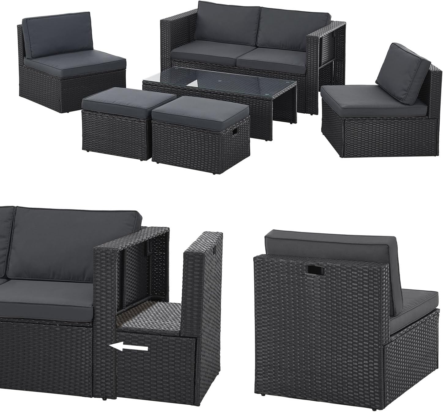 Juskys salon de jardin Salou polyrotin 6 personnes coin lounge exterieur table coussins balcon terrasse noir-Roluxyhome
