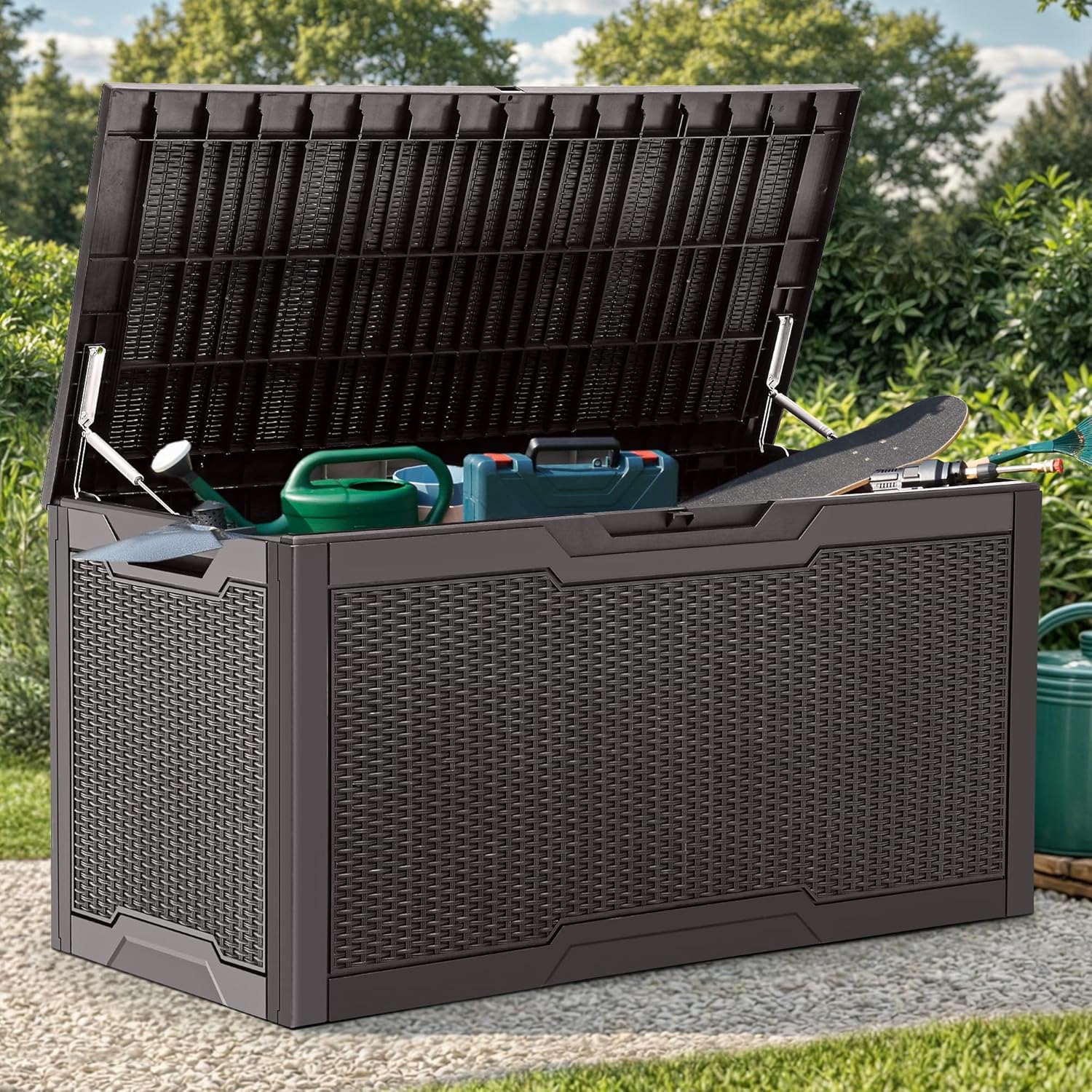 YITAHOME coffre de rangement exterieur 380L resine etanche verrouillable meubles de patio coussins outils jardin marron fonce-Roluxyhome