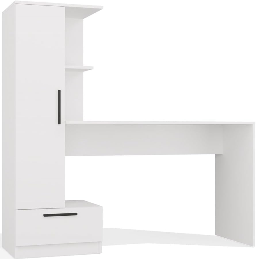 BDW Cosmo bureau blanc avec étagères - 143 x 50 x 140 cm finition lisse - porte tiroir étagère intégrée - chambre enfant adolescent bureau-Roluxyhome