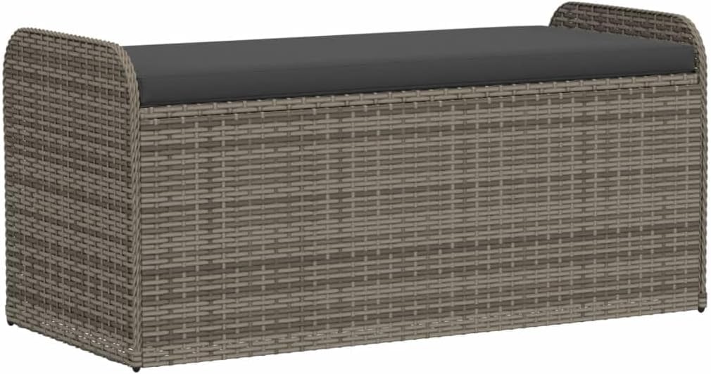 Canditree banc rangement extérieur gris - 115 x 51 x 52 cm avec coussin - résine tressée acier enduit poudre - assise 43 cm charge 110 kg jardin patio-Roluxyhome