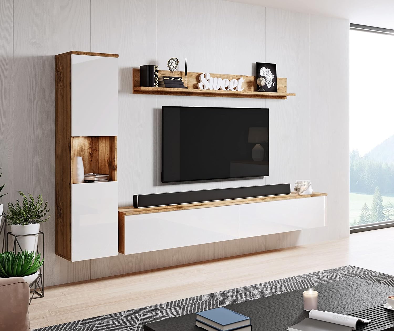 Ensemble meubles salon Paris mobilier moderne Wotan et blanc brillant eclairage LED optionnel design contemporain-Roluxyhome