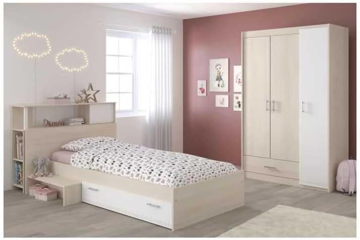 Générique chambre enfant complete CHARLEMAGNE lit armoire tete de lit style contemporain decor acacia clair blanc-Roluxyhome