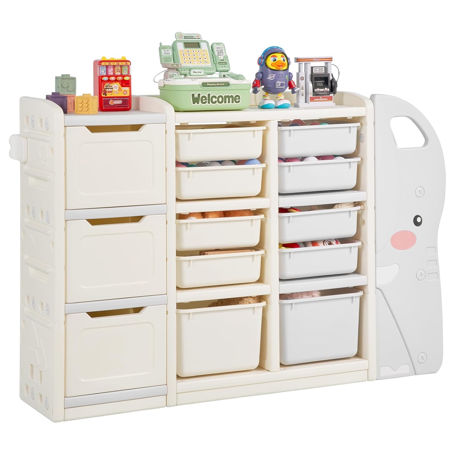 VEVOR meuble rangement jouets enfant 4 niveaux forme elephant 10 bacs amovibles PEHD gris beige salle de jeux creche-Roluxyhome