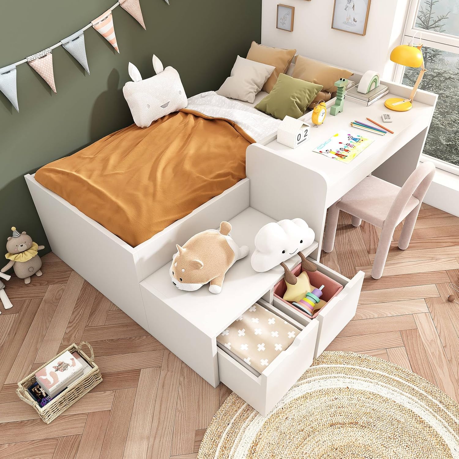 YEHTOKHOME lit enfant 90x200 cm multifonction bois massif avec bureau 2 tiroirs lit rangement sommier lattes sans matelas-Roluxyhome